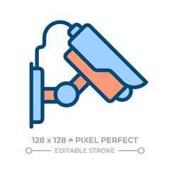 Traffic monitoring camera pixel perfect line color icon. CCTV equipment on city streets. Digital security system. Isolated vector illustration. Flat colorful symbol design. Editable stroke
