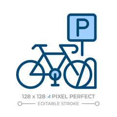 Bike parking place pixel perfect line color icon. Bicycle on stand under special sign. Road infrastructure parts. Isolated vector illustration. Flat colorful symbol design. Editable stroke