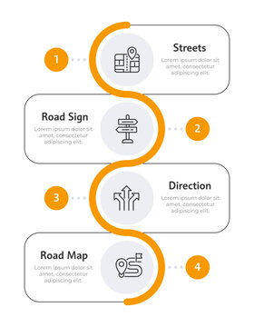Travel and navigation round orange line infographic 4 steps. Street plan, pointers and roadmap. Tourist support service. Editable thin line icons diagram process. Lexend Montserrat font used