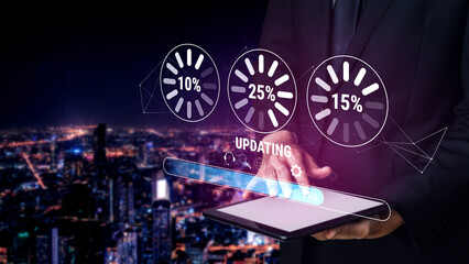 A concept of a system update and software installation. A progress bar and loading icons showing the update percentage and status. Motif
