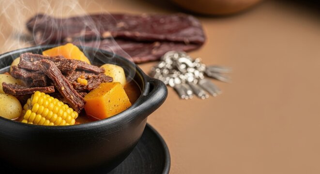 Steaming Rustic Chilean Charquic&aacute;n Beef Stew in Black Clay Pot with Negative Space on Right
