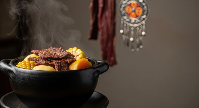 Steaming Rustic Chilean Charquic&aacute;n Beef Stew in Black Clay Pot with Negative Space on Right