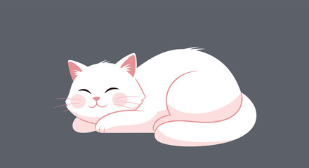 An adorable white cat with pink ears sleeping peacefully with a happy expression, isolated on a solid grey background.