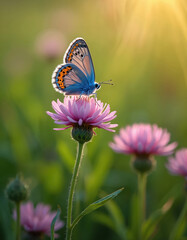 Naklejka premium Blue butterfly rests on pink wildflower, bathed in warm sun rays. Green meadow with lush flora under soft golden light. Delicate insect on bloom in natural setting, peaceful summer scene.