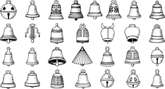 Vintage hand-drawn sketch collection of various bells in black and white, including antique, temple, cow, Christmas, and traditional bell designs.