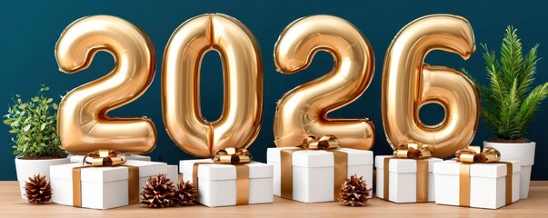 Golden 2026 balloon numbers with gift boxes and plants for a New Year celebration