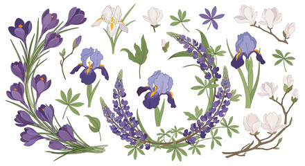 Fototapeta premium Large set of beautifully detailed spring flowers including purple crocus, iris, lupine, and white magnolia, perfect for botanical arrangements and designs.