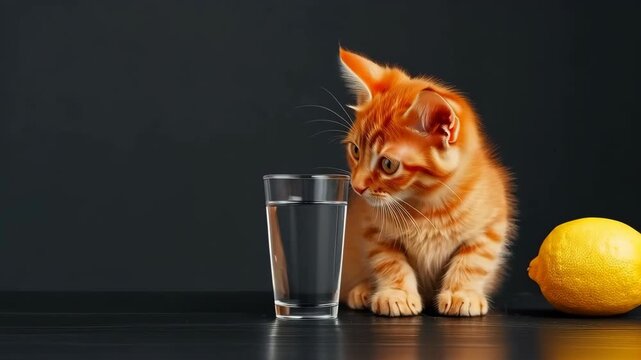 Curious Kitten and Citrus Still Life: A vibrant orange kitten curiously gazes at a glass of water, while a bright yellow lemon sits nearby, creating a whimsical still life scene.