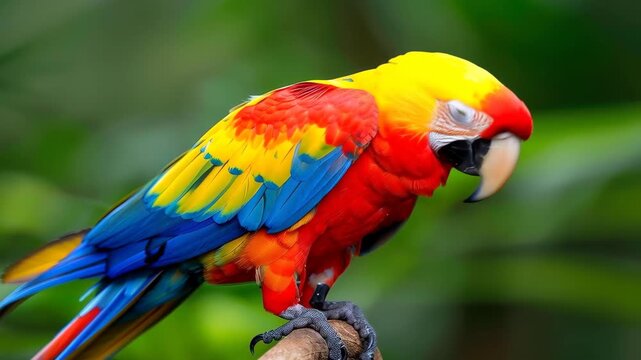 Scarlet Macaw in Perch: A vibrant Scarlet Macaw, perched gracefully, showcases its dazzling plumage of red, yellow, and blue hues. The majestic bird is a symbol of exotic beauty and tropical splendor.