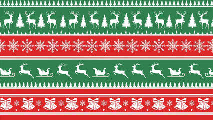 Vibrant Seamless Winter Holiday Pattern Illustration Featuring Reindeer, Snowflakes, and Evergreen Trees for Festive Decor.