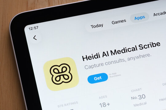 Heidi AI Medical Scribe popular health app highlighted on the Apple iPad App Store page. Stafford, United Kingdom, December 15, 2025