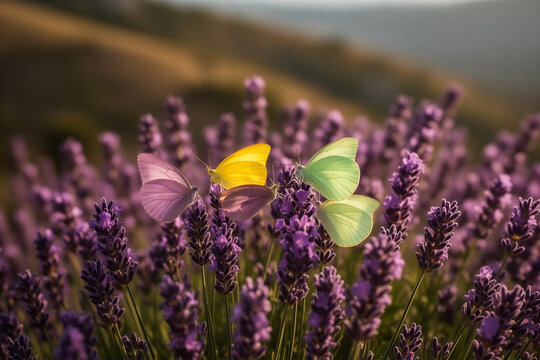 Purple lavender field with butterflies flitting among fragrant blooms.