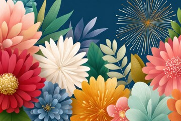 Vibrant floral collage with tropical leaves and fireworks on a navy blue background for celebrations
