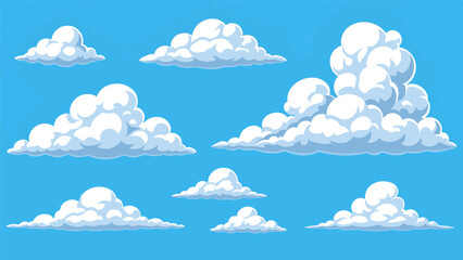 Upscaled pixelated clouds floating in a clear blue sky, forming a whimsical retro digital graphic art illustration.