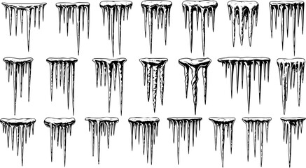 Winter Cold Weather Icicles Collection. Hand-drawn Black and White Engraving Style Set of Frozen Ice Formations, Ideal for Seasonal Nature and Frosty Design Elements.
