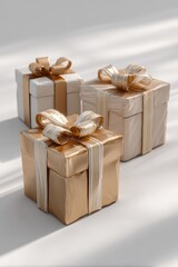Obraz premium Elegant Gift Boxes with Gold Ribbons, Soft Lighting, Minimalist Composition, Celebration Concept.