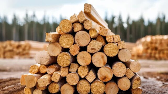 Wood Stack in Forest: A neat stack of freshly cut logs, arranged with precision, against the backdrop of a vast forest. Reflecting resourcefulness and sustainability.