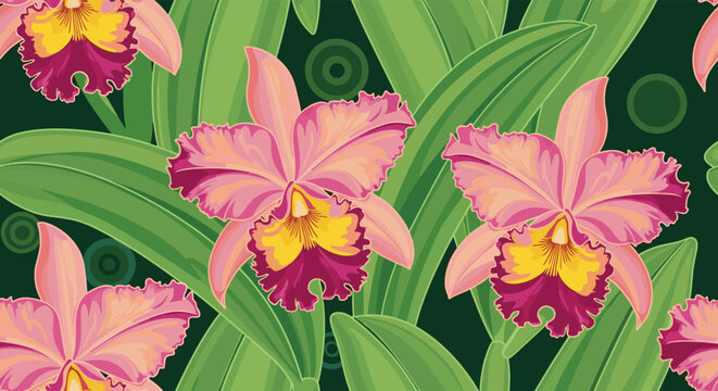 A vibrant and seamless floral pattern featuring beautiful pink and yellow Cattleya orchids with lush green leaves on a dark background.