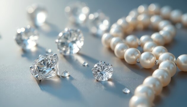 Collection of shiny diamonds and pearls laid on grey surface. Luxury jewelry items sparkle with elegant light reflections. Gemstones and beads look precious and valuable.