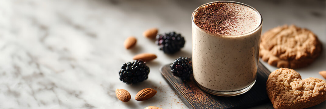 Delicious chocolate smoothie or milkshake in a glass topped with cocoa powder, served on a marble table with cookies, almonds, and fresh blackberries for a healthy and indulgent breakfast concept.