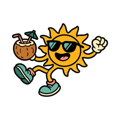 Cool Summer Sun Cartoon Character Holding Coconut Drink Illustration for Vacation, Beach Holiday, Fun Weather and Seasonal Promotion Design