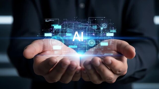 Innovative AI Technology in Hands, Business Concept, Digital Environment, Futuristic Viewpoint