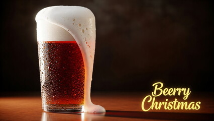 Glass of craft beer with overflowing foam and Beerry Christmas neon text. Holiday beverage for Christmas party invitation card.