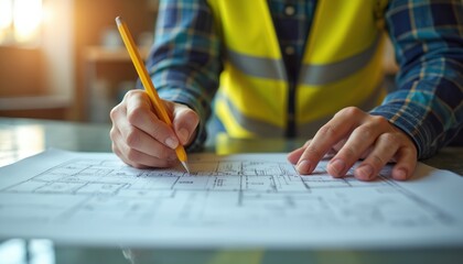 Worker in safety vest draws building plans with pencil. Person studies blueprint for construction project. Focus on details, drafting, and planning.