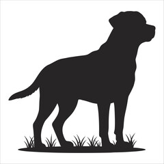A standing large breed dog silhouette, rendered in black and white for simple graphic design purposes