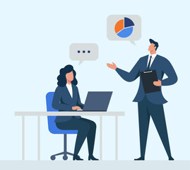 Flat vector illustration of a business meeting with a man presenting data to a woman working on a laptop in a modern office, Concept titles: Business collaboration, Office teamwork