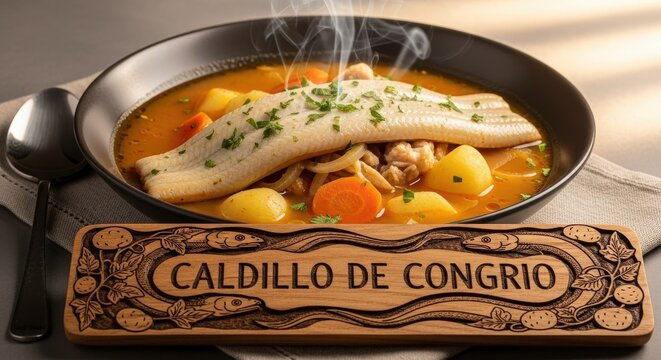 Refined Chilean Caldillo de Congrio Conger Eel Soup with Engraved Lenga Wood Sign