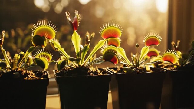 Close-up of multiple Venus flytraps in black pots on a table against a blurred background with warm sunlight.