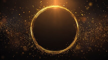 A shimmering, golden halo illuminates a dark background, surrounded by sparkling particles. It suggests elegance and celebration