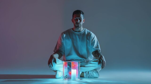 A serene male figure practices mindfulness meditation, illuminated by soft blue and yellow lights. The glowing glass cube adds a contemporary and tranquil touch to the minimalist setting