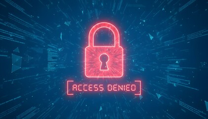 A neon padlock with access denied sign on a dark blue technological background
