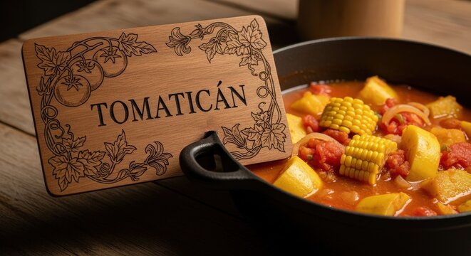 Homey Chilean Tomatic&aacute;n Tomato and Meat Stew with Squash and Engraved Roble Wood Sign