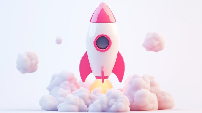3D cartoon rocket launch icon, business startup and growth concept on white background