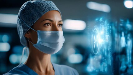 Focused woman doctor in scrubs interacts with glowing virtual screen, symbolizing integration digital innovation in medicine. Scene highlights future healthcare, smart hospital solutions - Powered by Adobe