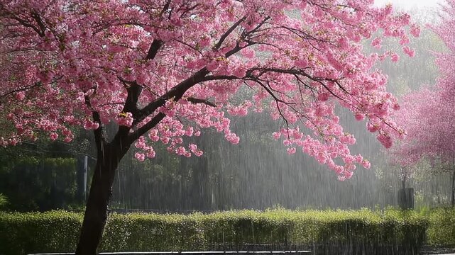 A beautiful cherry blossom tree in full bloom, with delicate pink petals gently falling in the soft, rainy atmosphere, creating a serene and picturesque natural scene