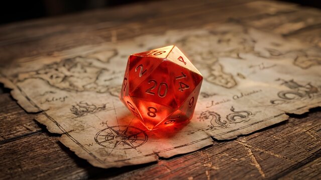 Macro Shot of Red Polyhedral D20 Dice on Ancient Fantasy Map for Tabletop RPG