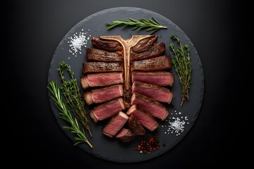 Sliced T-bone steak perfectly grilled and seasoned with rosemary and thyme presented on a dark slate plate for gourmet dining and culinary concepts