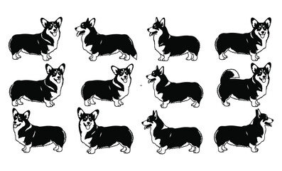 corgi, dog, silhouette, black, collection, pattern, vector, illustration, animal, pet, breed, canine, cute, graphic, design, sticker, logo, icon, profile, pose, white background, Pembroke Welsh Corgi,
