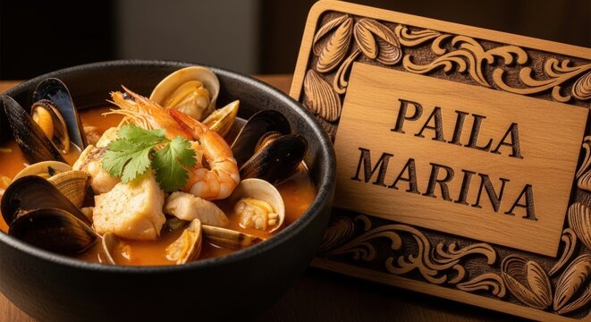 Luxurious Chilean Paila Marina Seafood Soup Bowl with Carved Ma&ntilde;&iacute;o Wood Sign and Maritime Details