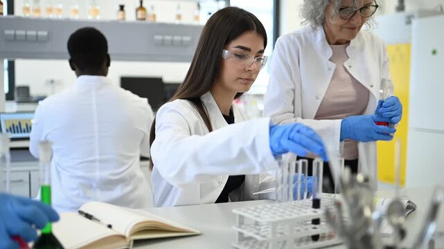 Senior professor mentoring young student in chemistry laboratory