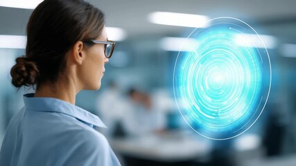 Focused female professional uses advanced augmented reality technology for data analysis in a high tech workspace. The digital interface suggests innovation and future trends - Powered by Adobe