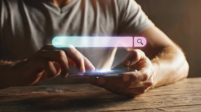 Man using a smartphone with a search bar interface on a wooden table.