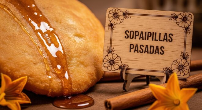 Nostalgic Chilean Sopaipillas Pasadas Pumpkin Fritters with Dripping Syrup and Engraved Araucaria Wood Sign