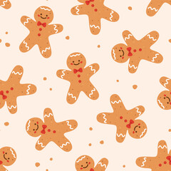 Christmas seamless pattern with gingerbread man on beige background. Winter holiday or homemade cookies theme wallpaper. Vector illustration.