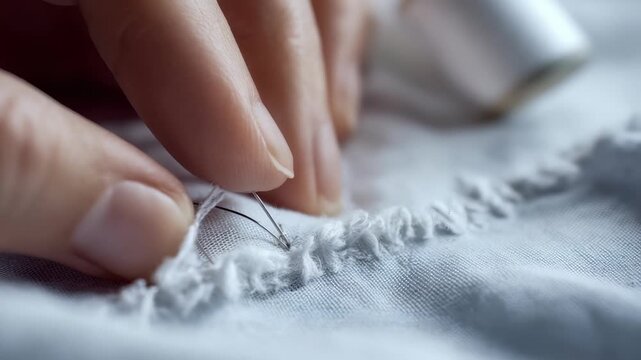 Detailed view of fingers carefully repairing torn fabric using a needle and white thread, highlighting the art of hand sewing. This image captures the essence of textile mending and craftsmanship