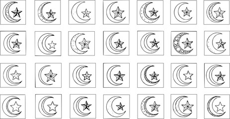 Detailed Black and White Pattern of Crescent Moons and Stars in Diverse Styles, Islamic Symbolism, Doodle Outline Art for Ramadan and Eid Mubarak